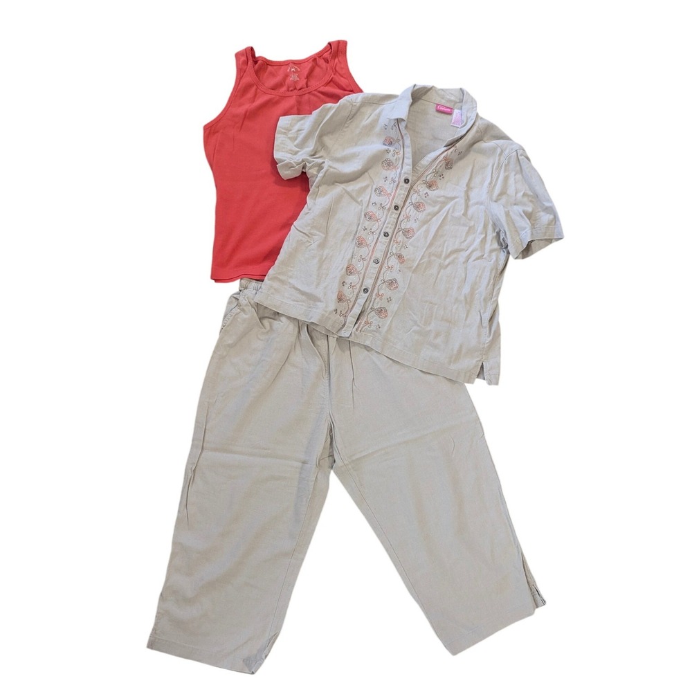 Pappagallo Set Women XL Tan Linen‎ Blend Embroidered 3pc (White Stag Tank)